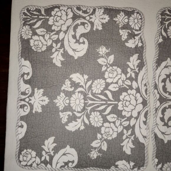 Home Classics Damask Floral Gray White Pillow Shams 20X26 In Wavy Striped Border - Picture 2 of 9